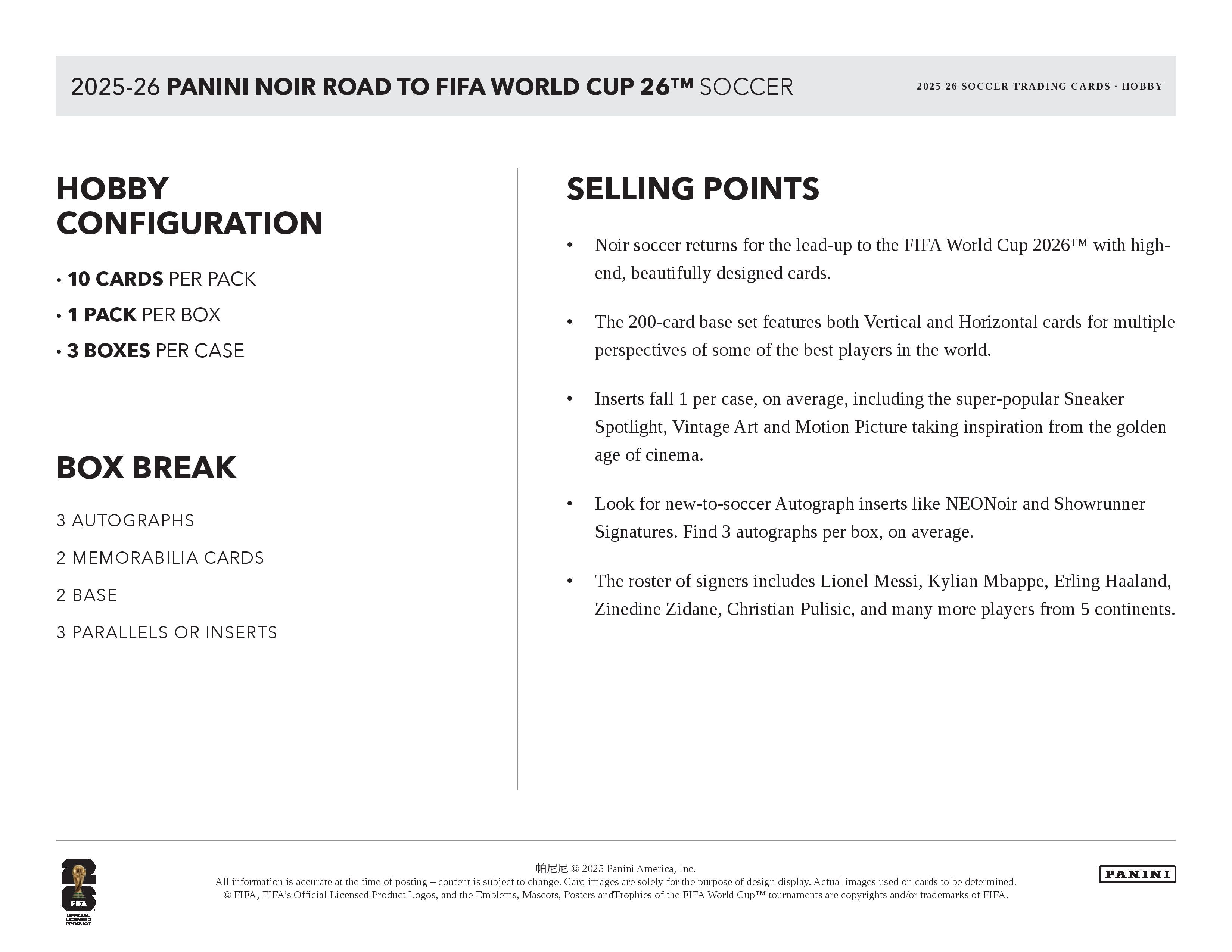 2025-26 Panini Noir Road to FIFA World Cup Soccer Hobby Box (Pre Order)