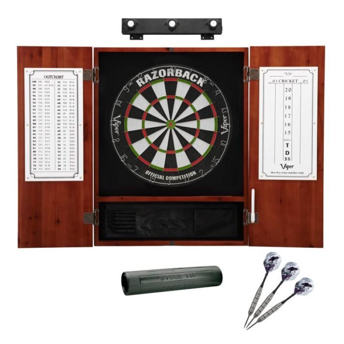 Viper |  Razorback Sisal Dartboard | Metropolitan Cinnamon Cabinet | The Bull Starts Here | Padded Mat & Underground Raven Steel Tip Darts | Shadow Buster Dartboard Lights & Laser Throw Line Marker - Image 2