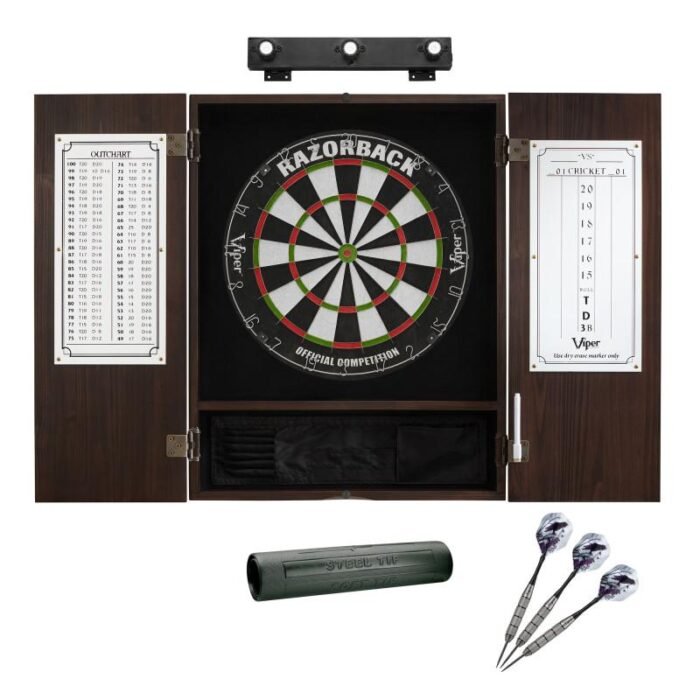Viper | Razorback Sisal Dartboard | Metropolitan Espresso Cabinet | Shadow Buster Dartboard Lights | Laser Throw Line Marker |  Padded Dart Mat | The Bull Starts Here | Underground The Raven Steel Tip Darts - Image 2