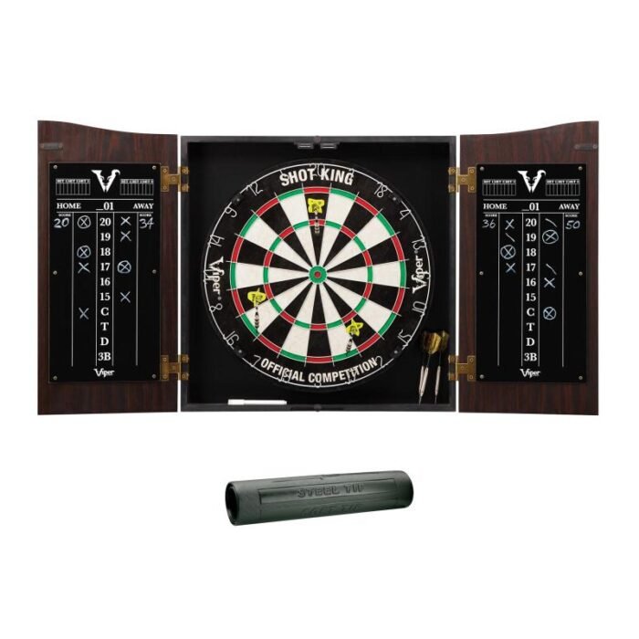 Viper | Vault Cabinet with Shot King Sisal Dartboard | Shadow Buster Dartboard Lights | Steel Tip Dart Accessories Kit | The Bull Starts Here | Throw Line Marker | Padded Dart Mat - Image 3