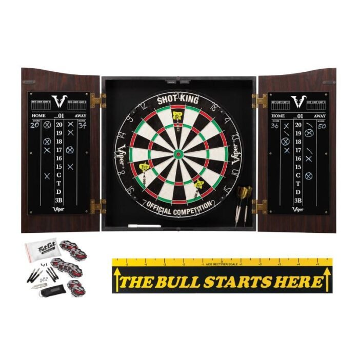 Viper | Vault Cabinet with Shot King Sisal Dartboard | Shadow Buster Dartboard Lights | Steel Tip Dart Accessories Kit | The Bull Starts Here | Throw Line Marker | Padded Dart Mat - Image 2