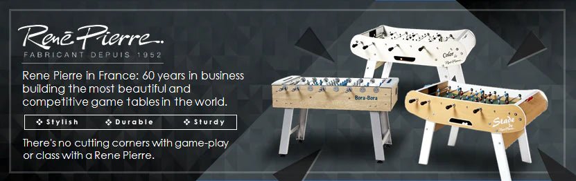 Two Rene Pierre Tahiti Outdoor foosball tables with wood finish and brand logo.