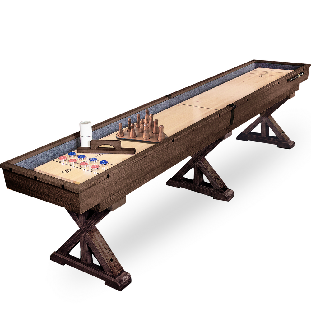 12-foot-espresso-shuffleboard__65242.1750110180 Freetime Fun The Rockford 2-Piece 12′ Upstairs/Downstairs Shuffleboard Table in Espresso - Image 1