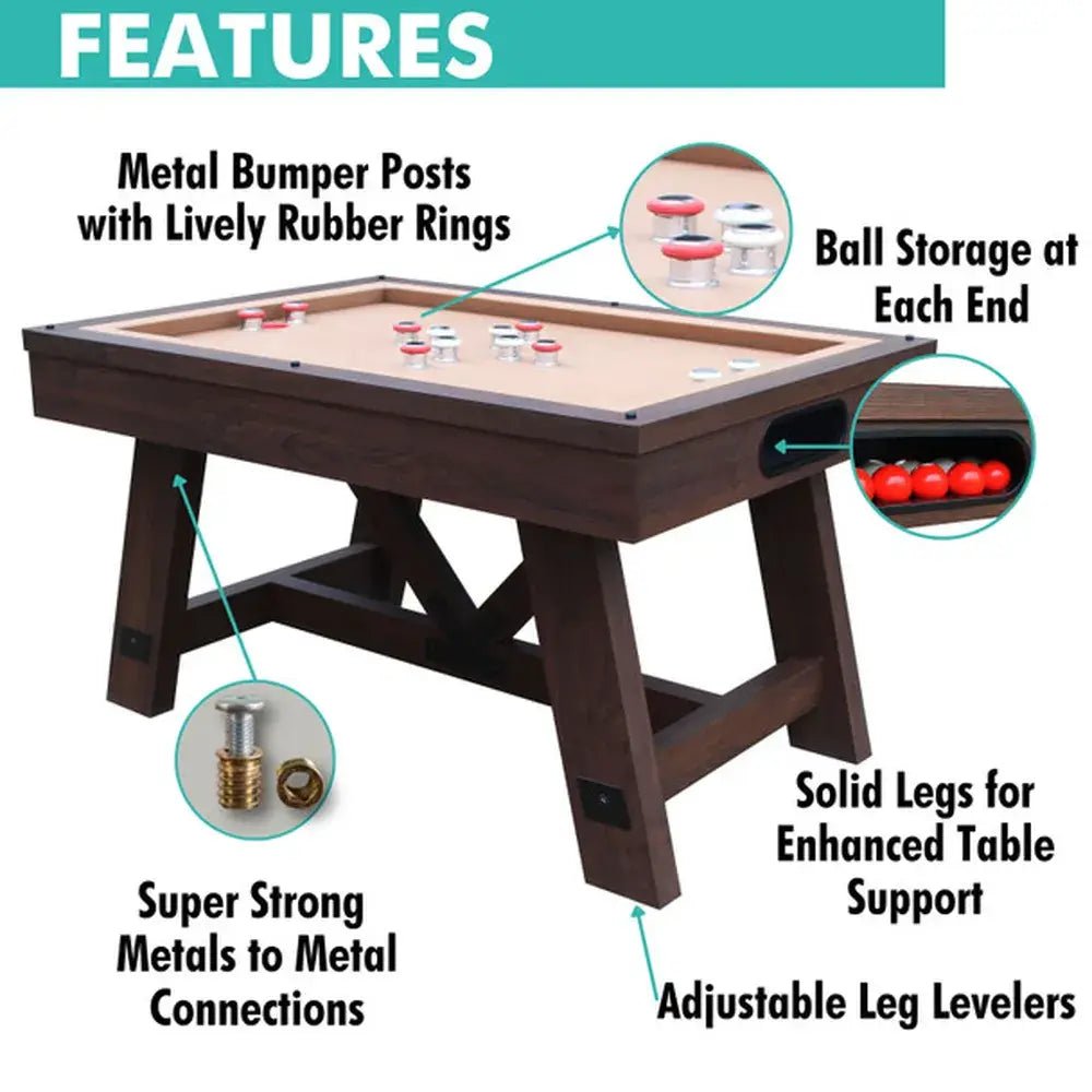 Close-up of espresso bumper pool playfield with wool felt, K-66 cushions, and rubber-ring steel bumper posts