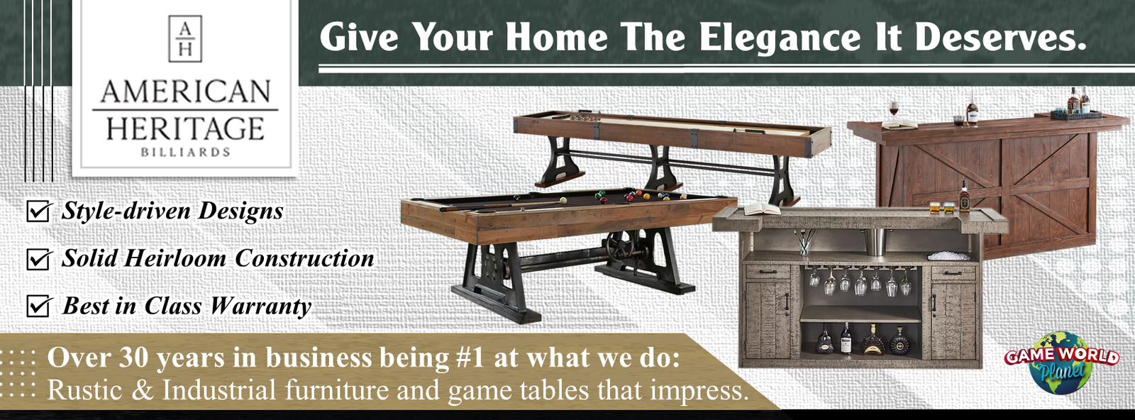 Ad for American Heritage Billiards' Savannah 7' Slate Pool Table in Charcoal.