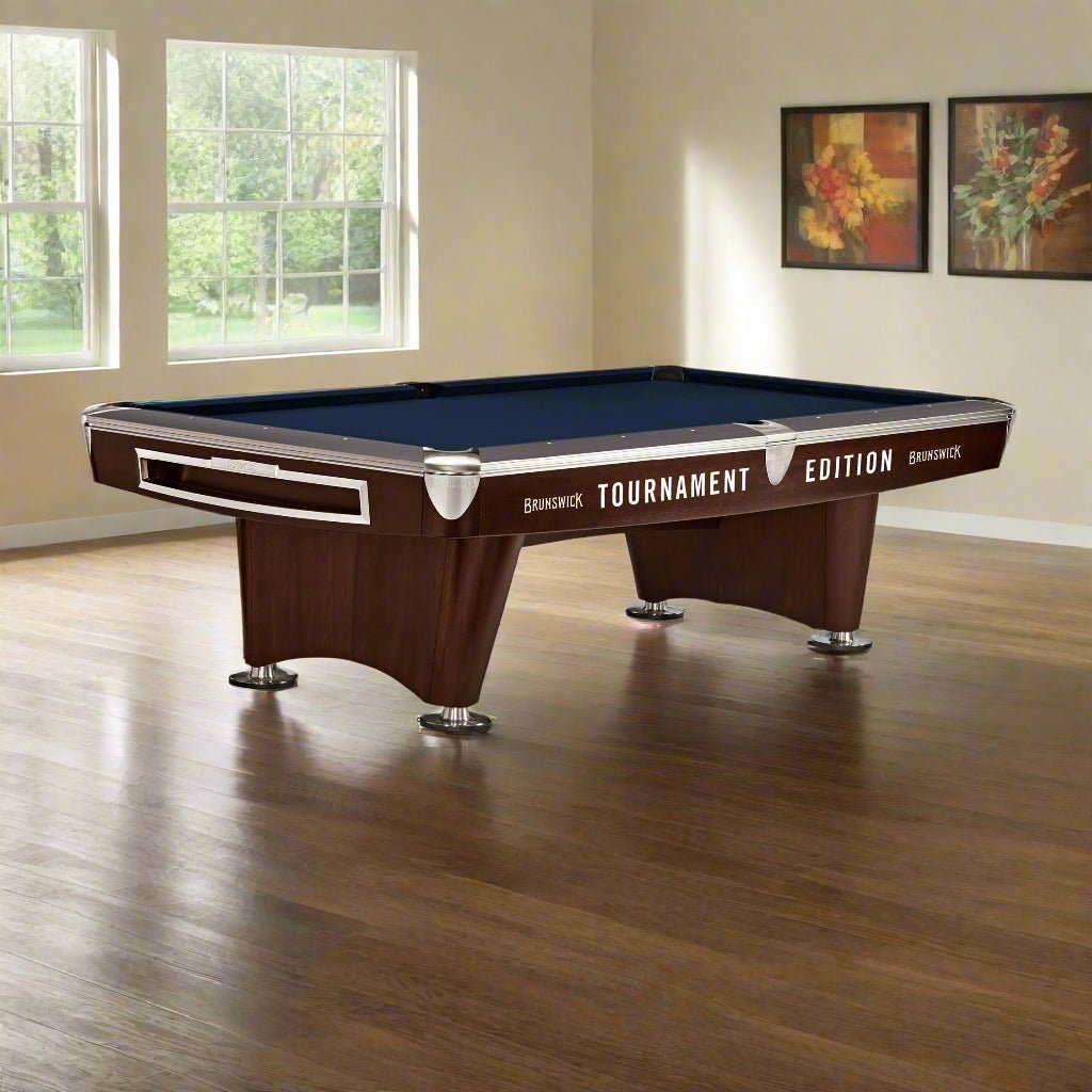 28643942412-Midnight-Bluemain Brunswick Gold Crown VI Tournament Edition 9ft American Pool Table With Drop Pocket - Two Tone Walnut and Espresso - Image 1