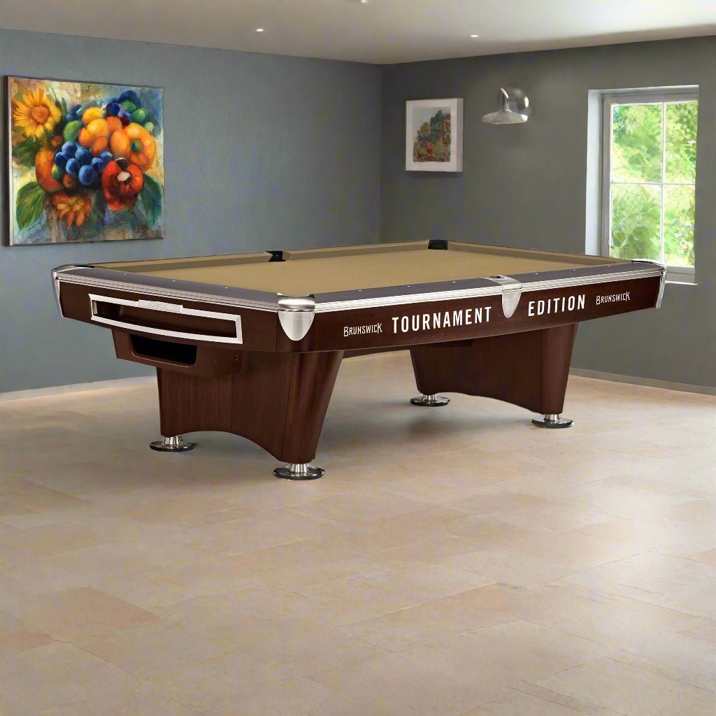 28645942412-Saharamain Brunswick Gold Crown VI Tournament Edition 9ft American Pool Table With Gully Return - Two Tone Walnut and Espresso - Image 1