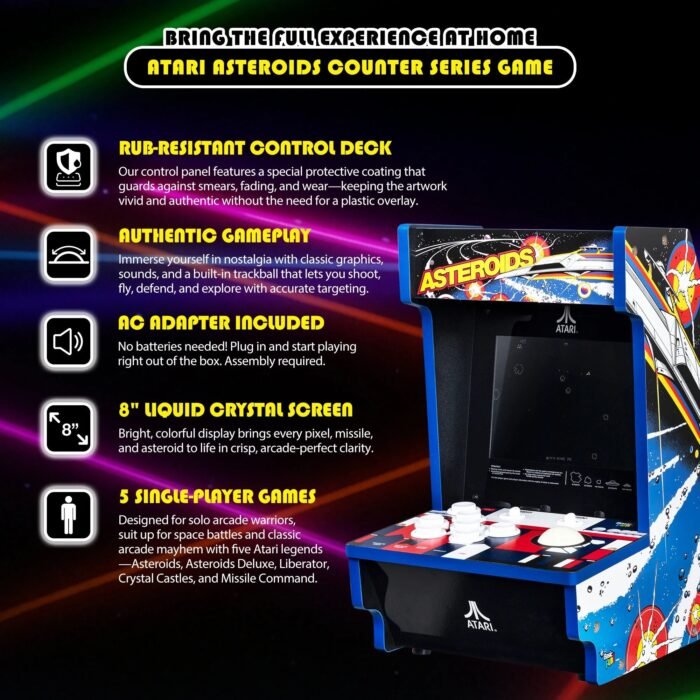 Arcade Classics Atari Asteroids Counter Series Game Machine with 8" Screen and 5 Games - Image 3