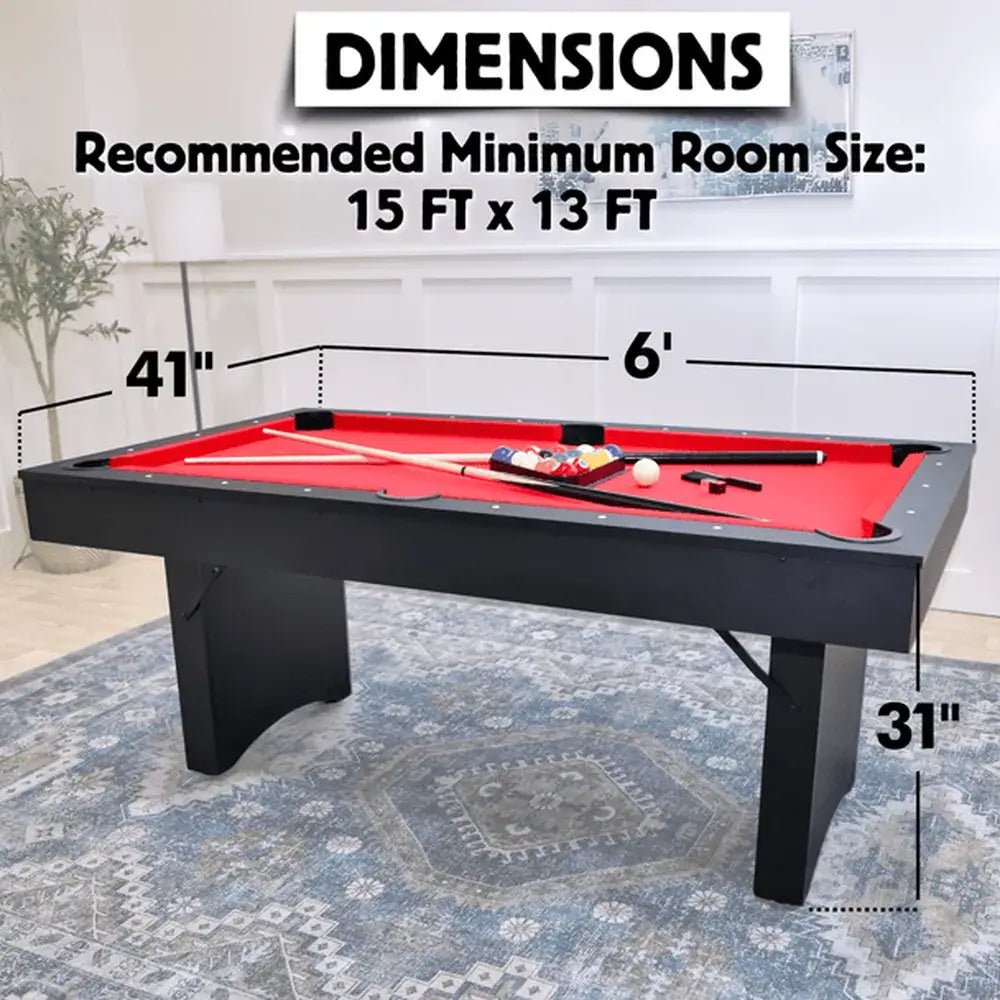 Freetime Fun Ashford 6-foot portable folding pool table with red felt set up in a modern small-space game room