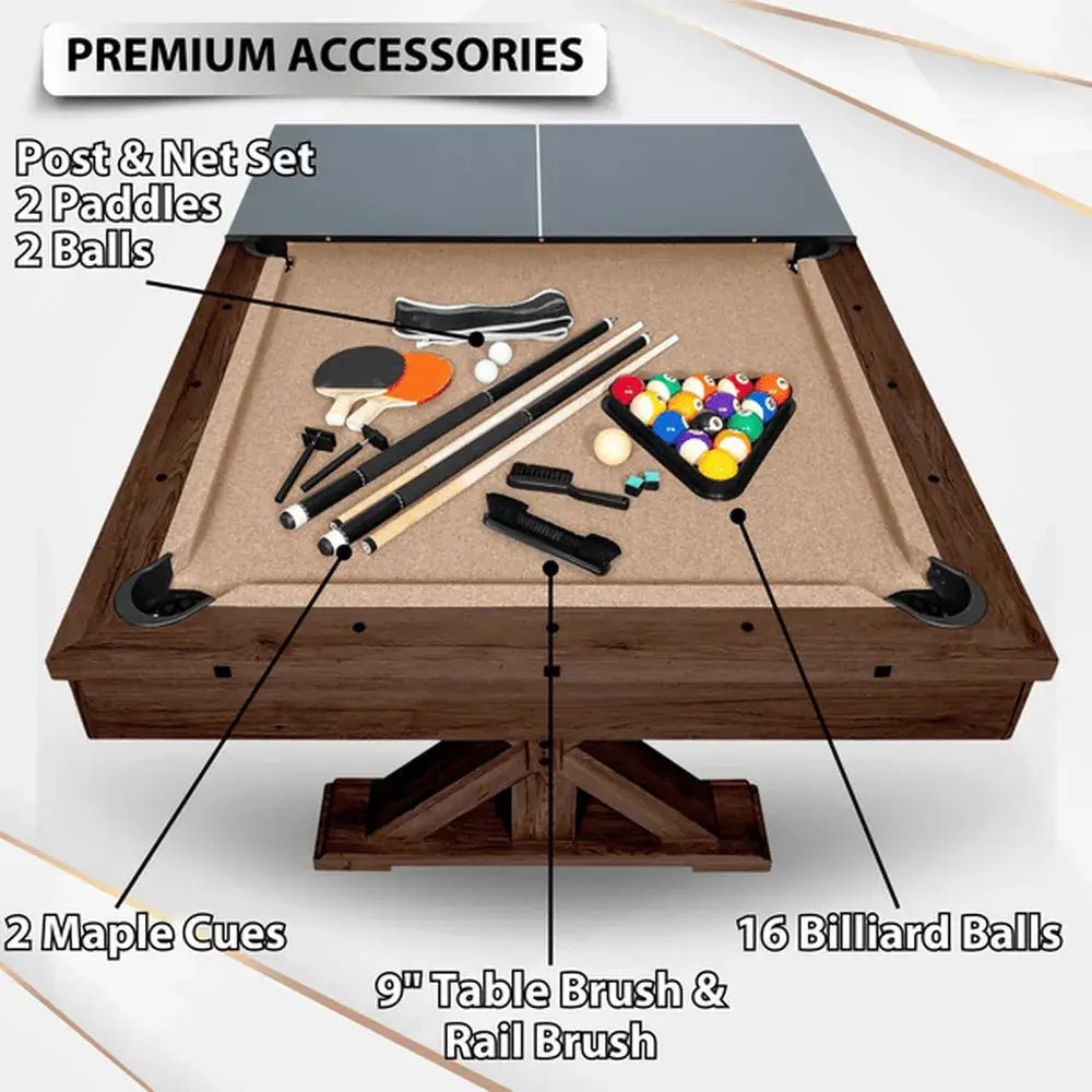 Close-up of Freetime Fun Rockford dining pool table showing K66 cushions, wool-blend felt, rail sights, and antique metal accents
