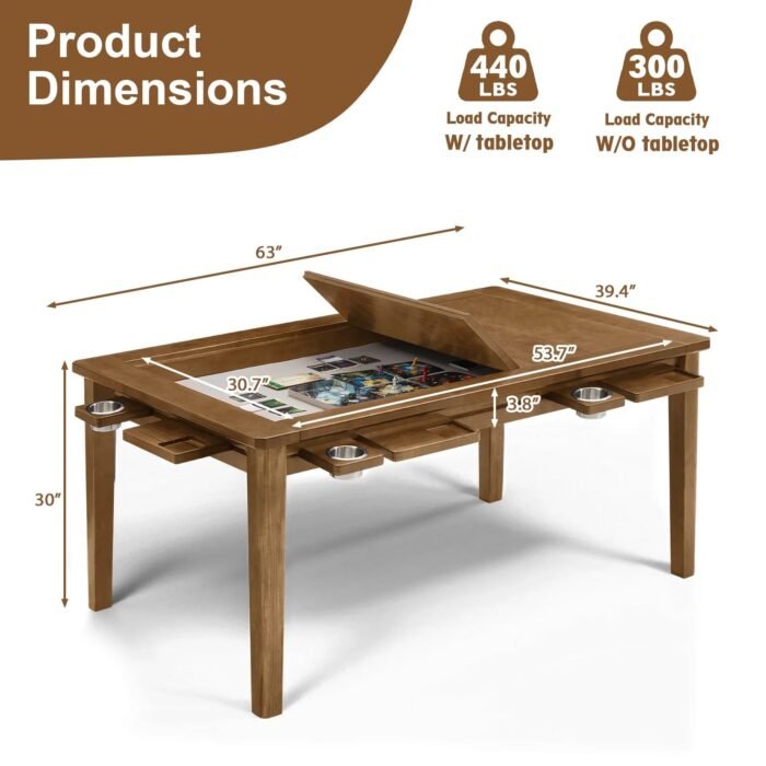 Solid Wood Board Game Table for 4–6 with Removable Top, 54" X 31" Gaming Surface, Game Mat, 6 Cup Holders & Hobby Tray – Convertible Gaming and Dining Table for D&D , Card Game and Puzzle - Image 2