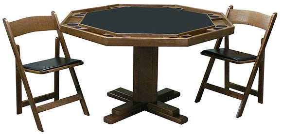 Kestell 8-Player Pedestal-Base Poker Table with two black-seat chairs by Kestell.