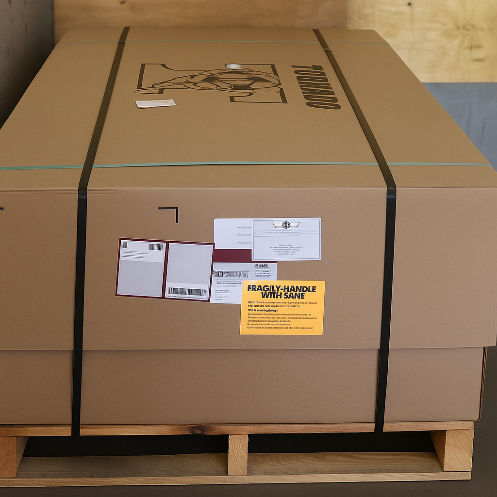 A large, sealed cardboard box secured with black straps sits on a pallet in a warehouse. Attached is a yellow FRAGILE: HANDLE WITH CARE sticker. Inside is the Tornado Sport II Foosball Table in Weathered Walnut by Tornado.