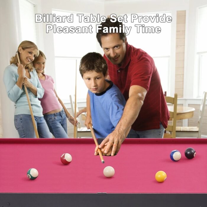 e 48In Pool Billiard Game Table W/2 Cue Sticks, 16 Balls, Triangle, Chalk Foldable Pool Table for Kids Family (Red) - Image 2
