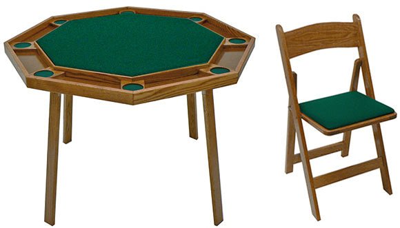 Kestell 8-Player Oak Folding Poker Table with green felt and cup holders, beside matching chair.
