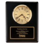 Black Piano Finish Clock, Waterfall Bezel with Glass Lens, Gold Dial, Plate