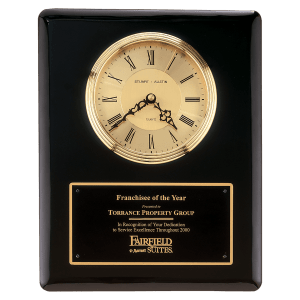 BC55-5bb3e528 Black Piano Finish Clock, Waterfall Bezel with Glass Lens, Gold Dial, Plate - Image 1