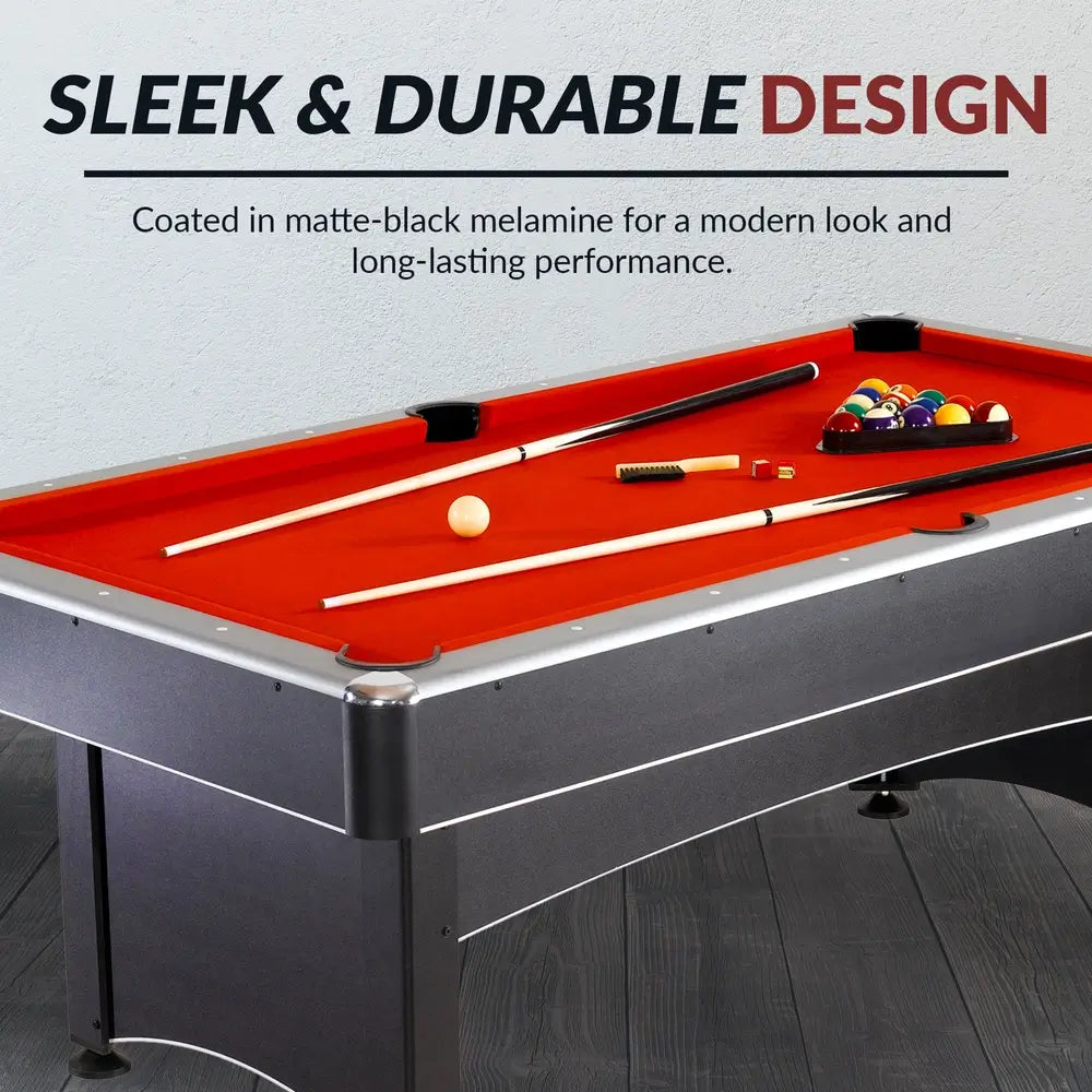 Hathaway Maverick 7-ft pool table with red felt, silver rails, and black cabinet