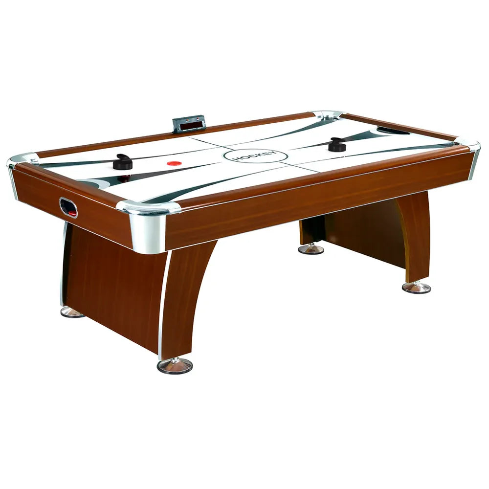 Hathaway Brentwood NG1036H 7.5-foot air hockey table in dark cherry wood melamine with pedestal base in a modern home game room