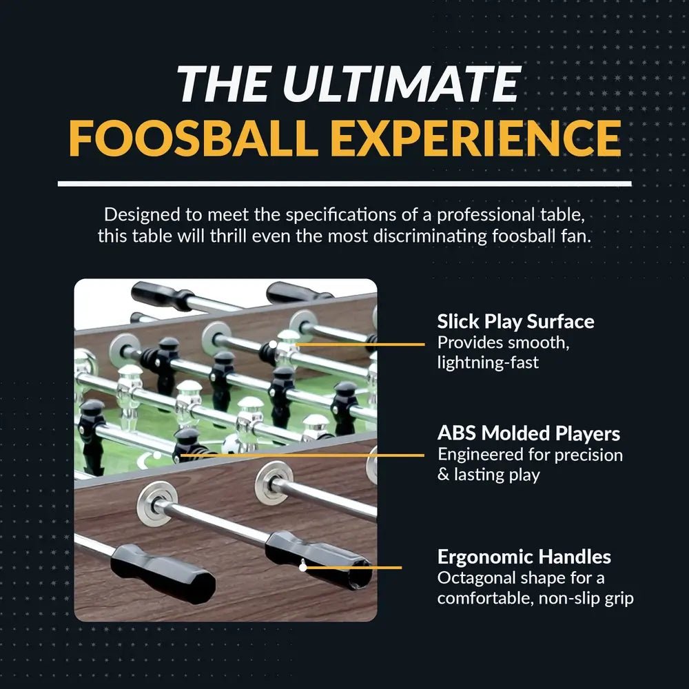 Close-up of foosball rods, ABS players, and wooden handles on Hathaway Driftwood foosball table