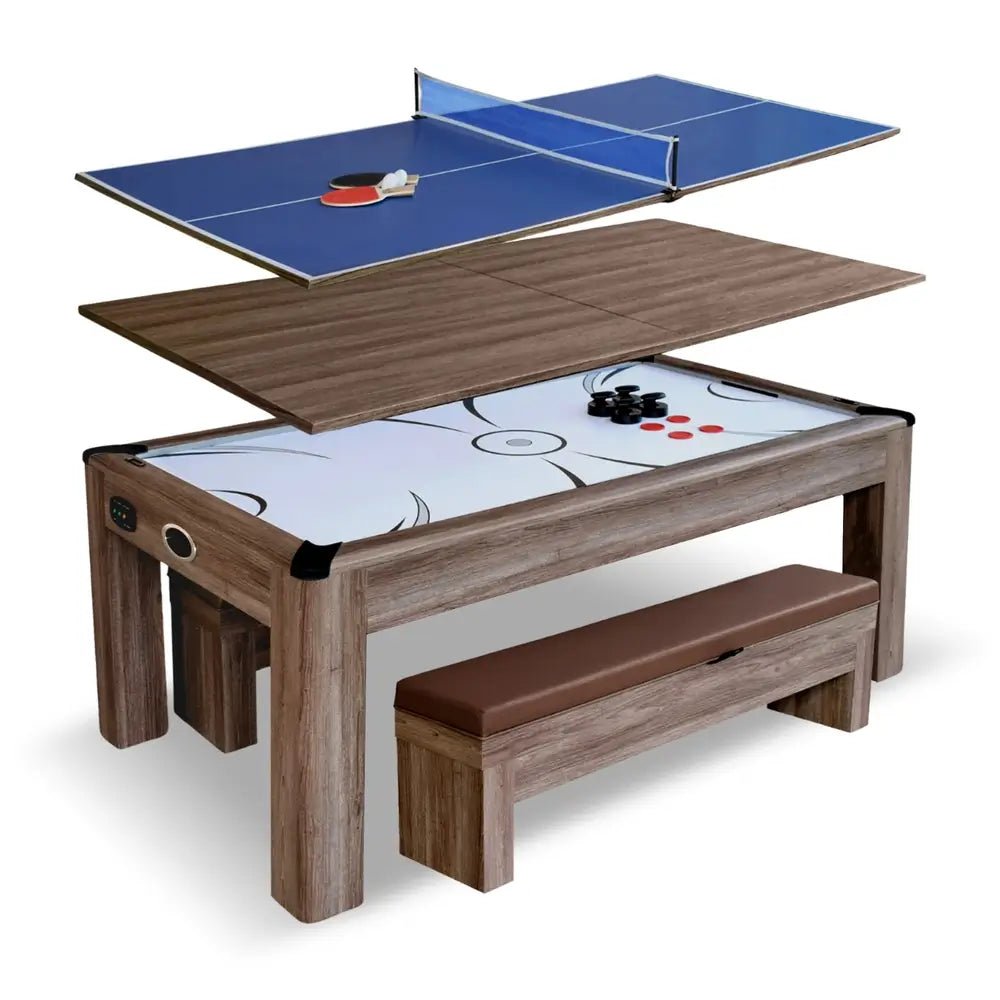 Hathaway Driftwood 7-foot air hockey combo table set with benches in driftwood finish