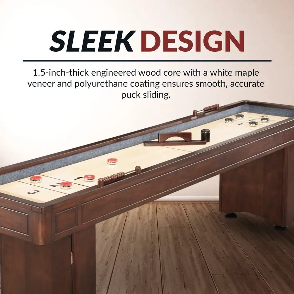 Hathaway Austin 9-ft shuffleboard table with mahogany finish and pedestal legs
