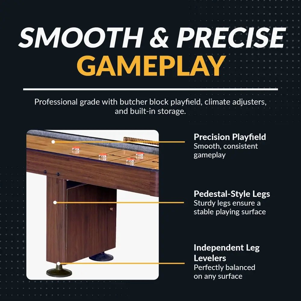 Close-up of Challenger shuffleboard playfield with polyurethane finish and abacus scorers