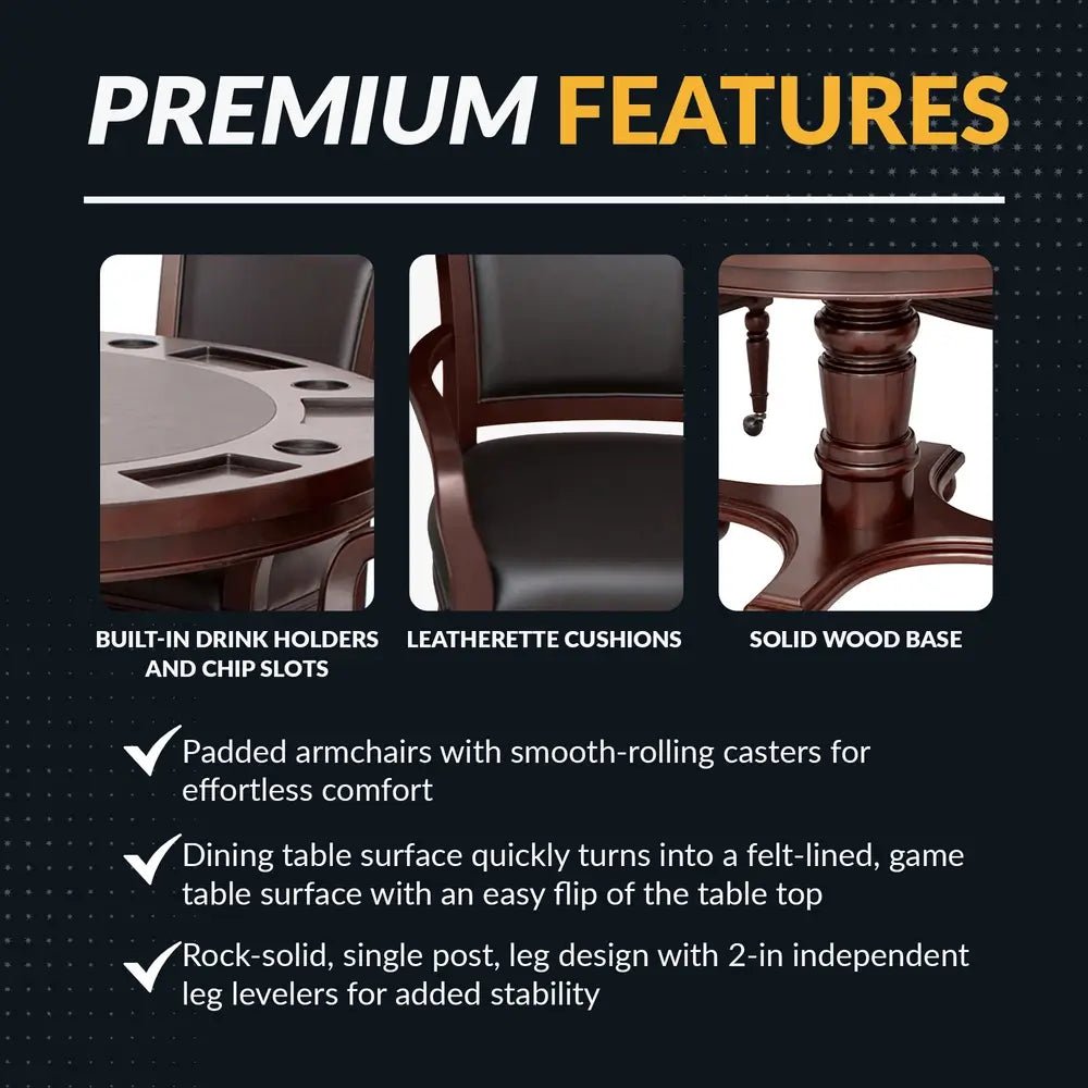 Bridgeport poker table with removable top showing padded faux leather chairs
