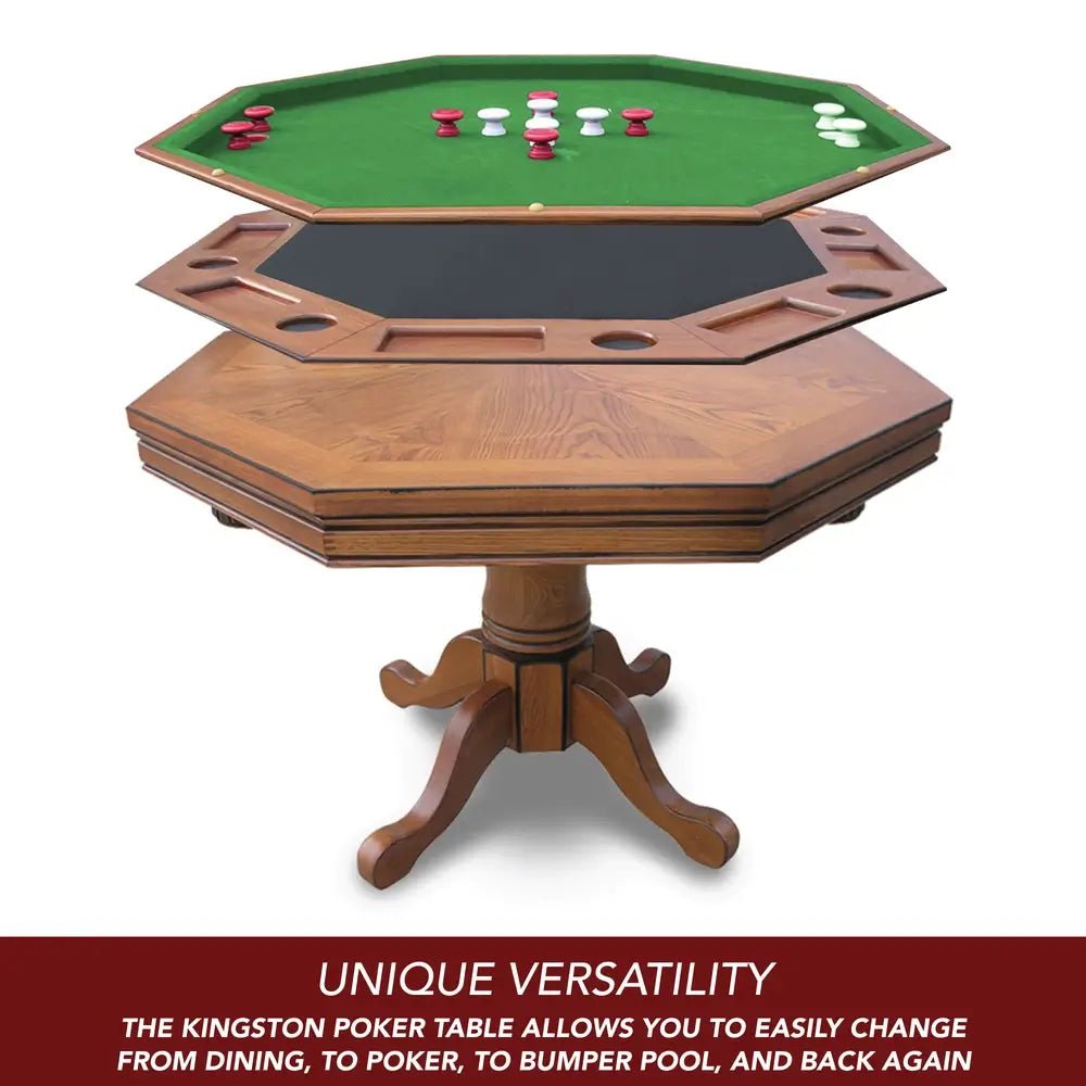 Reversible dark oak poker table top with bumper pool playfield and padded arm chairs