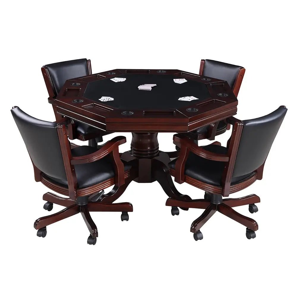 Reversible walnut poker table with bumper pool playfield and rolling armchairs