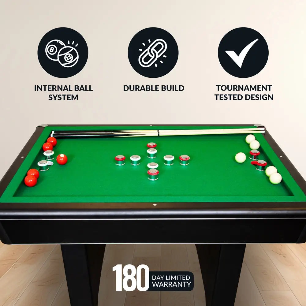 Close-up of Hathaway Renegade bumper pool table slate play surface and chrome bumper posts