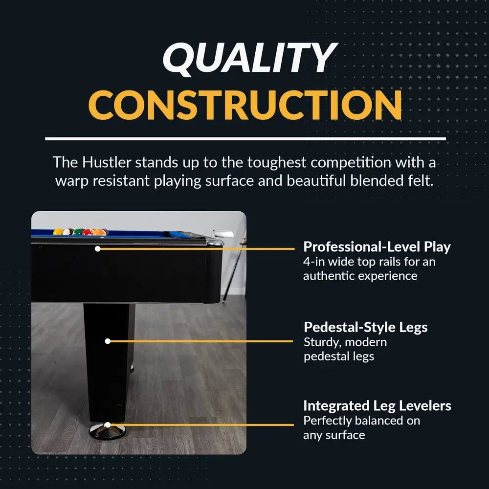 Hathaway Hustler pool table with blue felt, K-66 cushions, and matte black cabinet