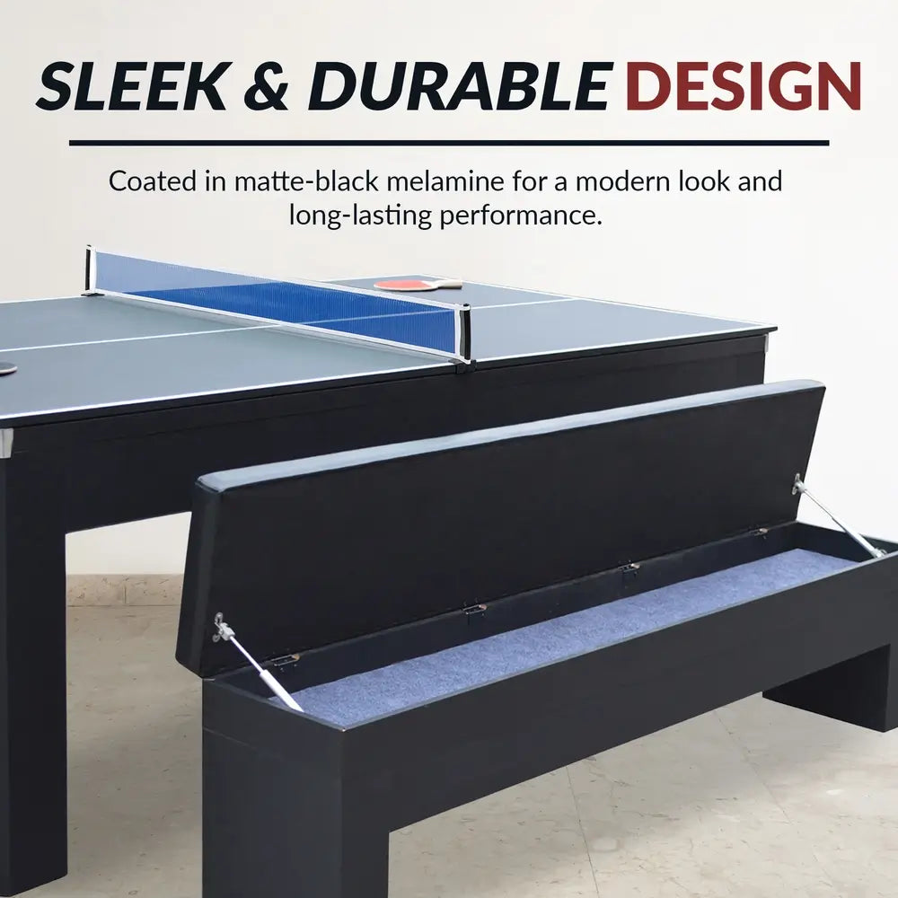 Close-up of Hathaway Park Avenue pool table showing chrome corner castings and storage benches