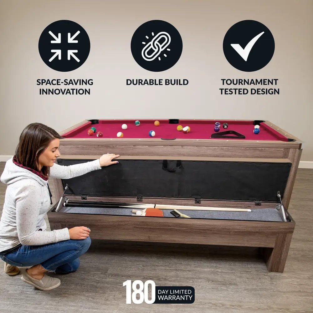 Hathaway Newport 7-ft convertible pool table combo with dining top and benches in driftwood finish