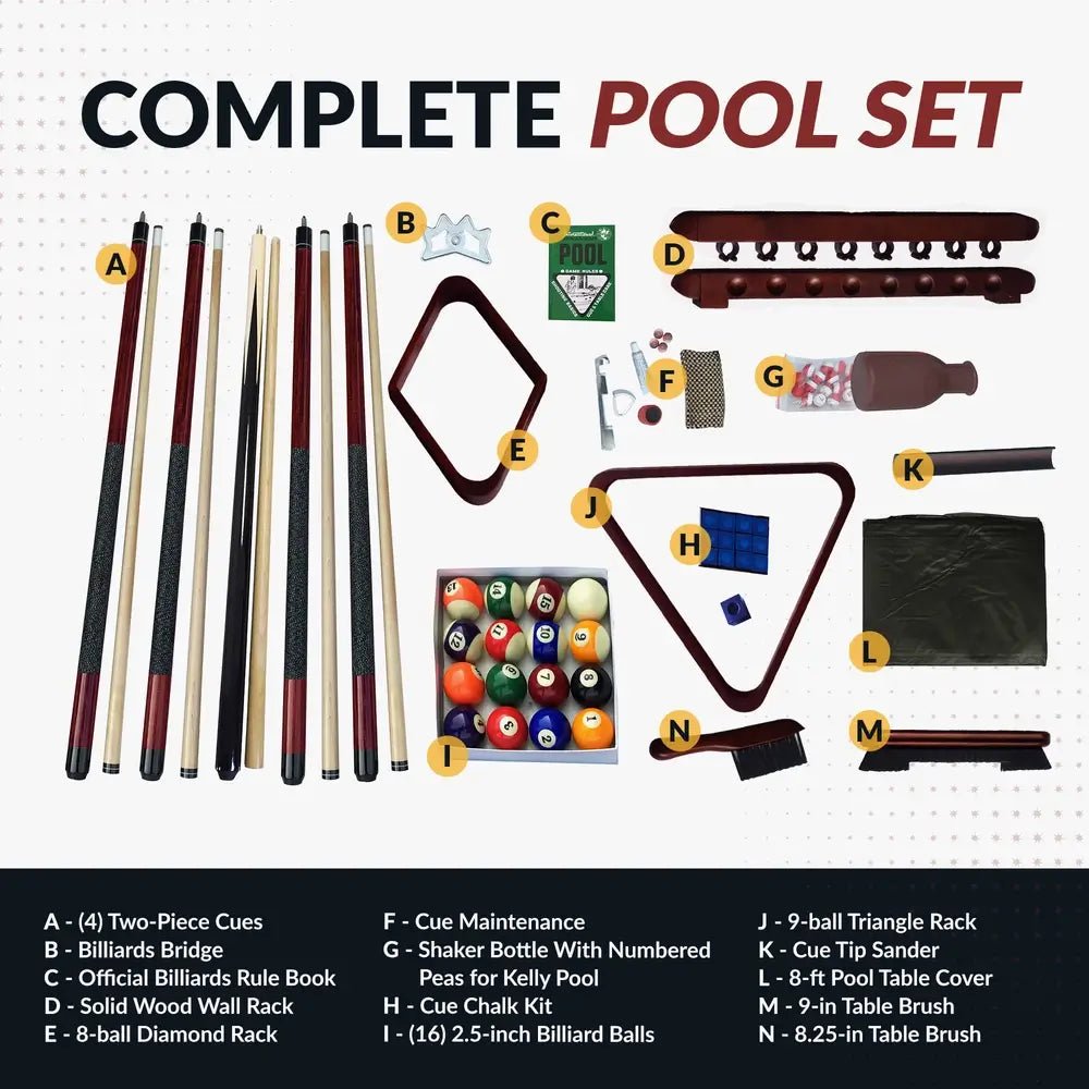 Deluxe mahogany billiards accessory kit with cues, balls, racks, and wall-mounted storage