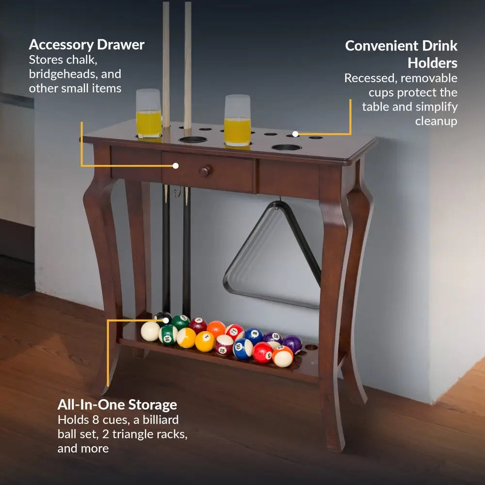 Hathaway walnut deluxe floor cue rack with drink holders, brass hooks, and accessory drawer