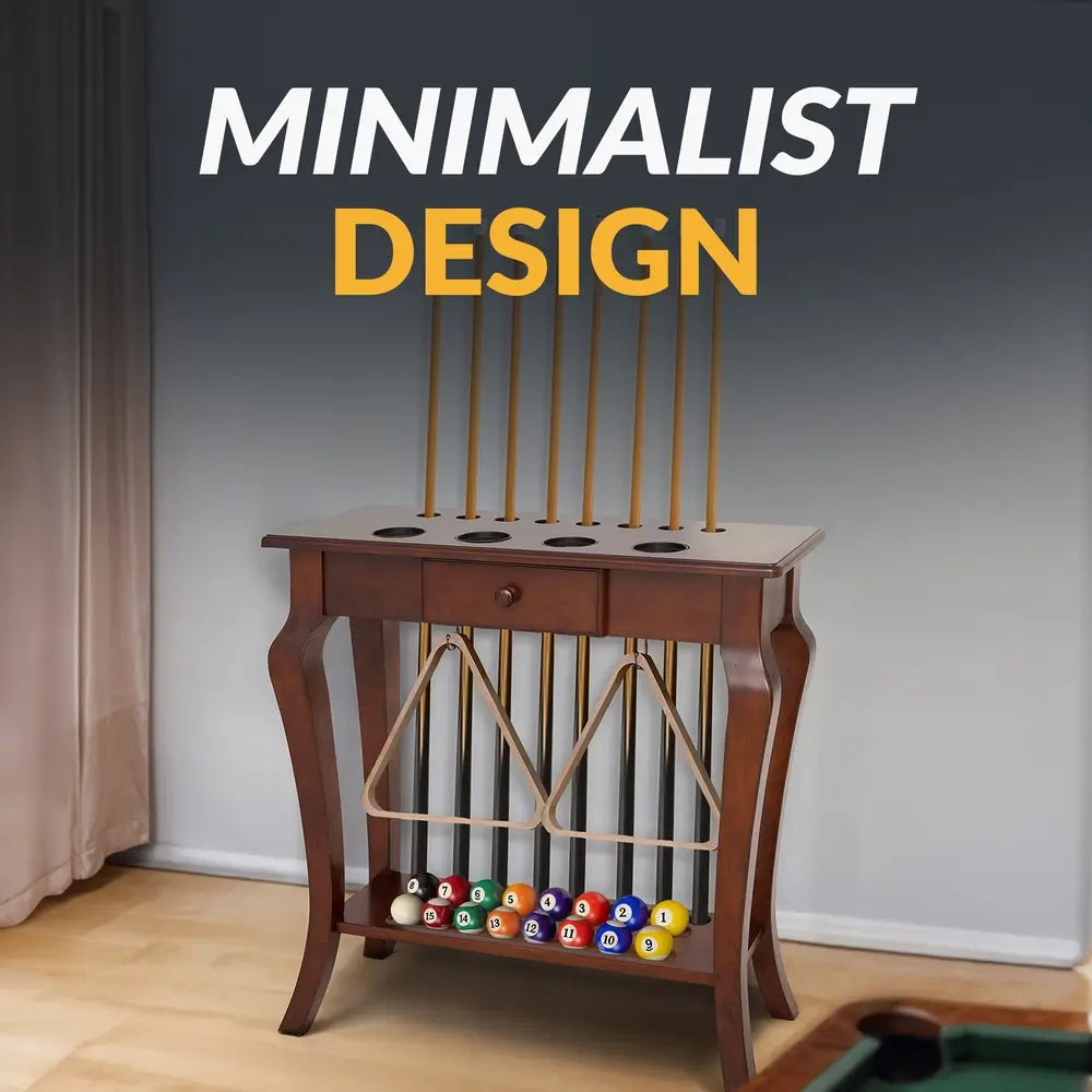 Walnut finish Hathaway floor cue rack holding eight cues and billiard balls with coasters built in