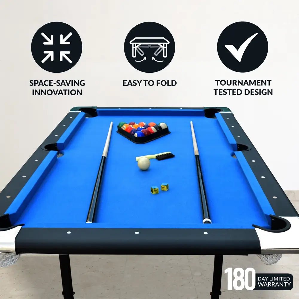 Hathaway Fairmont 6-ft portable pool table with blue felt, chrome corner castings, and folding steel legs in a modern game room