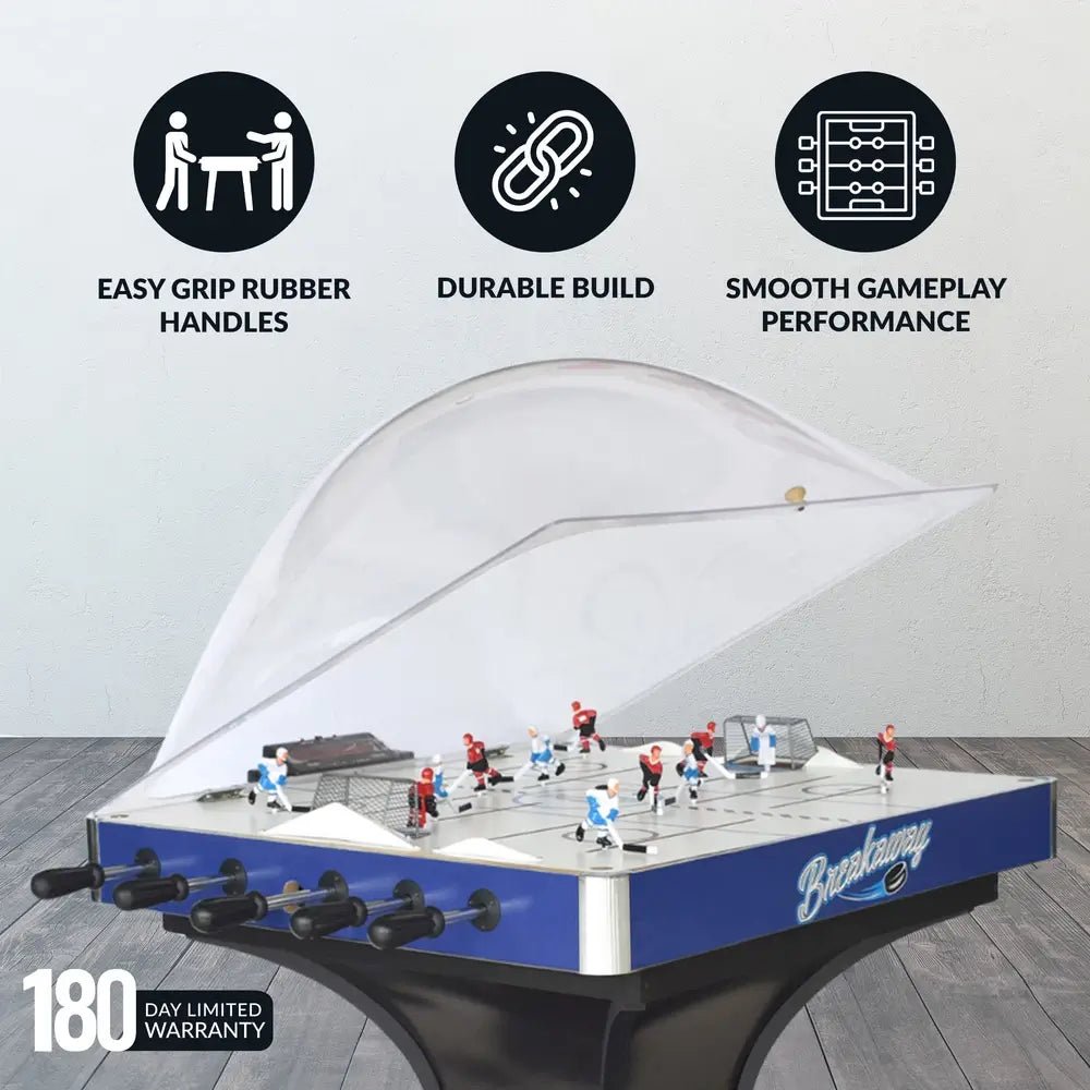 Close-up of Hathaway Breakaway dome hockey table with shatter-resistant polycarbonate dome, chrome details, and smooth rods