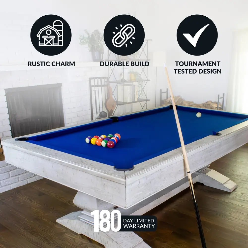 Hathaway Montecito 8-ft driftwood pool table with dual pedestal base, navy felt, and ABS drop pockets