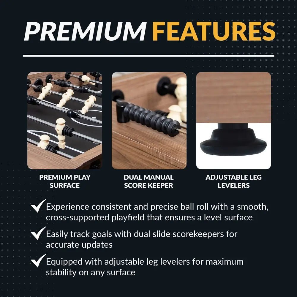 Close-up of Excalibur foosball table rods, ABS players, and rustic driftwood cabinet finish