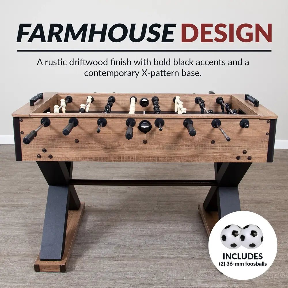 Hathaway Excalibur 54-in foosball table with driftwood finish, rustic bronze trim, and X-base legs