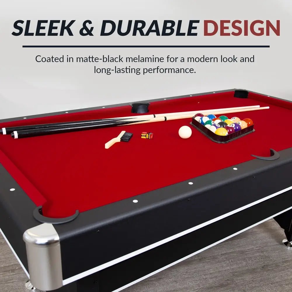 Hathaway Spartan 6-ft pool table in black melamine with red felt and chrome corner caps in a modern family game room