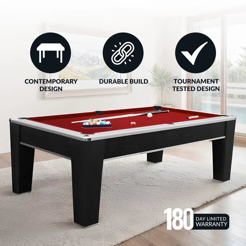 Hathaway Mirage 7.5-ft pool table with red felt, tapered legs, and black melamine finish