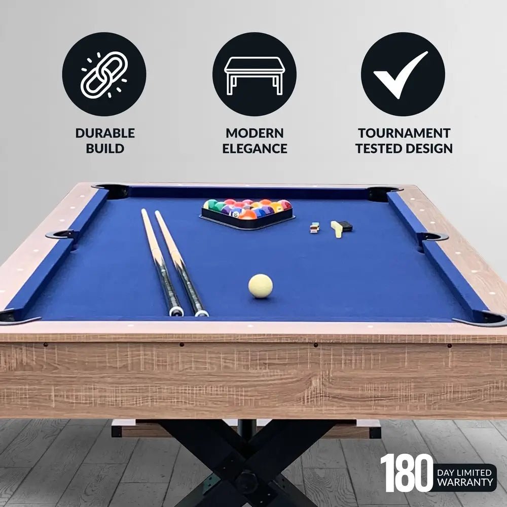Hathaway Excalibur 7-ft pool table with driftwood melamine cabinet, rustic bronze hardware, and dark blue felt