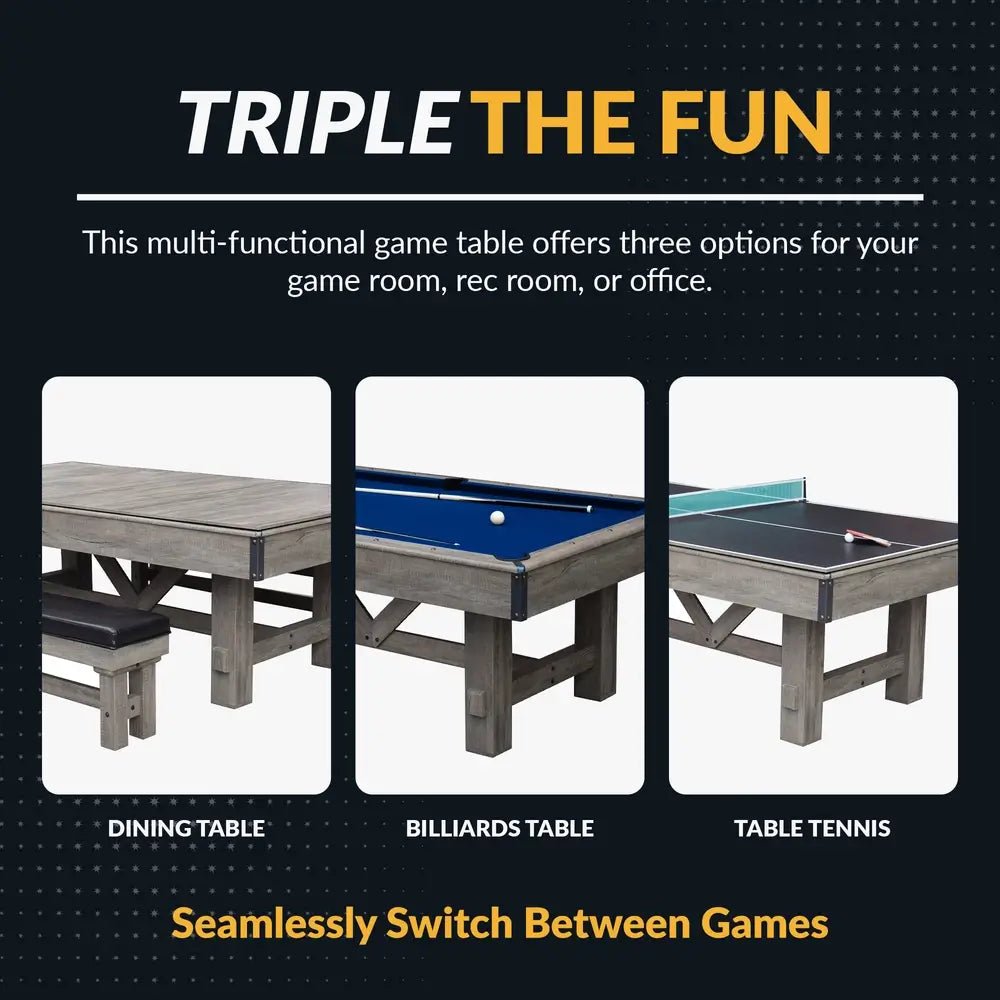 Hathaway Logan 7-ft rustic pool table combo with barnwood cabinet, benches, and dining top