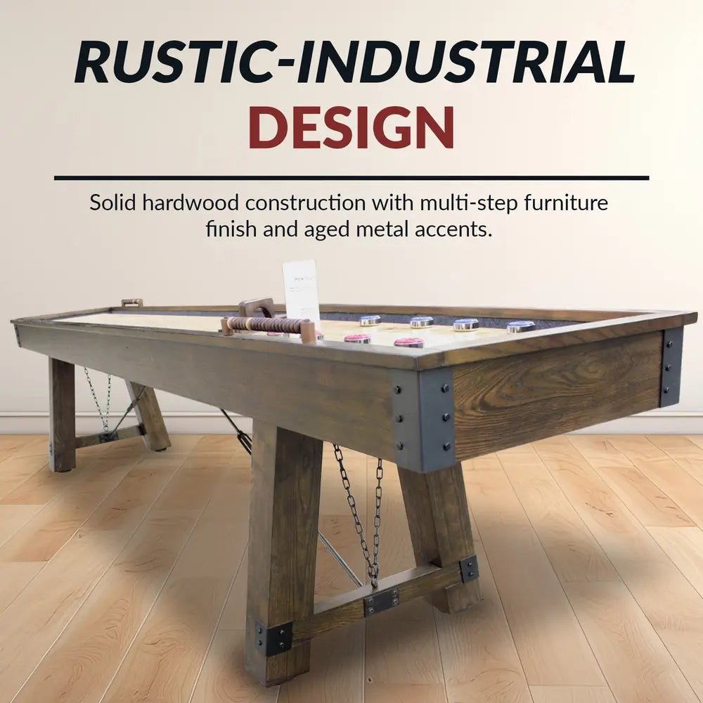 Hathaway Cheyenne 12-foot rustic oak shuffleboard table with butcher block playfield