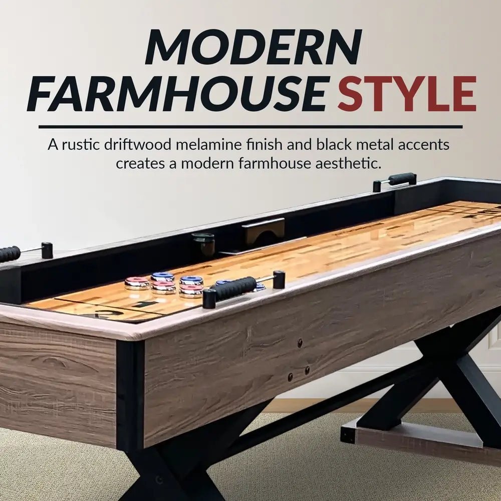 Hathaway Excalibur 9-ft driftwood shuffleboard table with rustic X-pattern legs and bronze accents