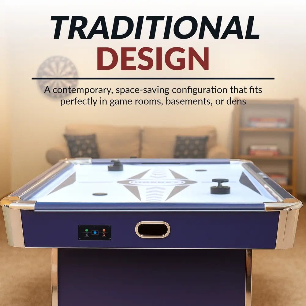 Hathaway Phantom II 7.5-foot blue air hockey table with dual blowers and LED scoring