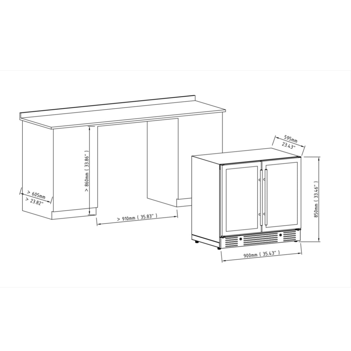 Built-in cutout installation diagram for the 36-Inch Beer and Wine Cooler Combination